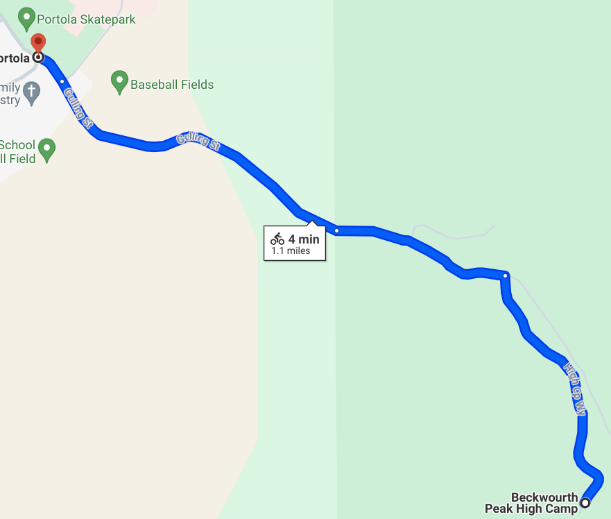 Map showing High Camp is a 4-minute, 1.1-mile ride from Portola and the Lost and Found Gravel Festival start