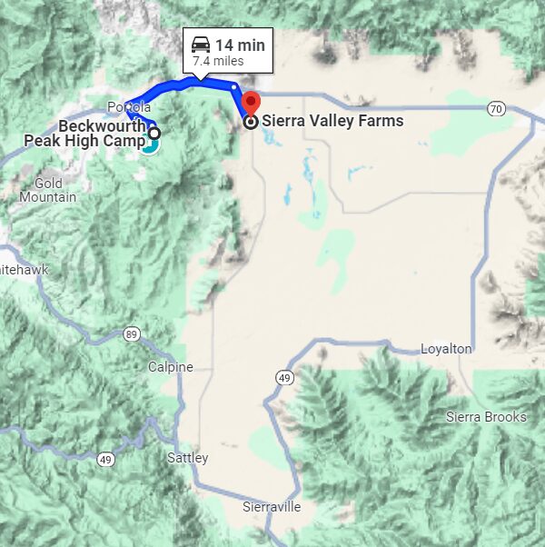 Map showing High Camp is 14 minutes and 7.4 miles from Sierra Valley Farms