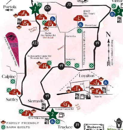 Sierra Valley Art and Agriculture Trail festival route map showing participating farms and studios