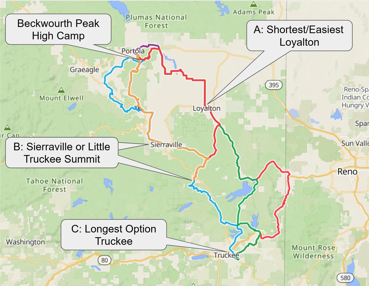 Overview map of bikepacking routes to Beckwourth Peak High Camp