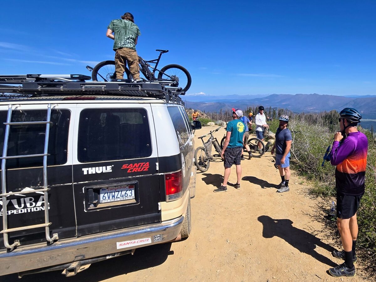 Mountain bikers on the Mt. Hough shuttle trail, Lost Sierra