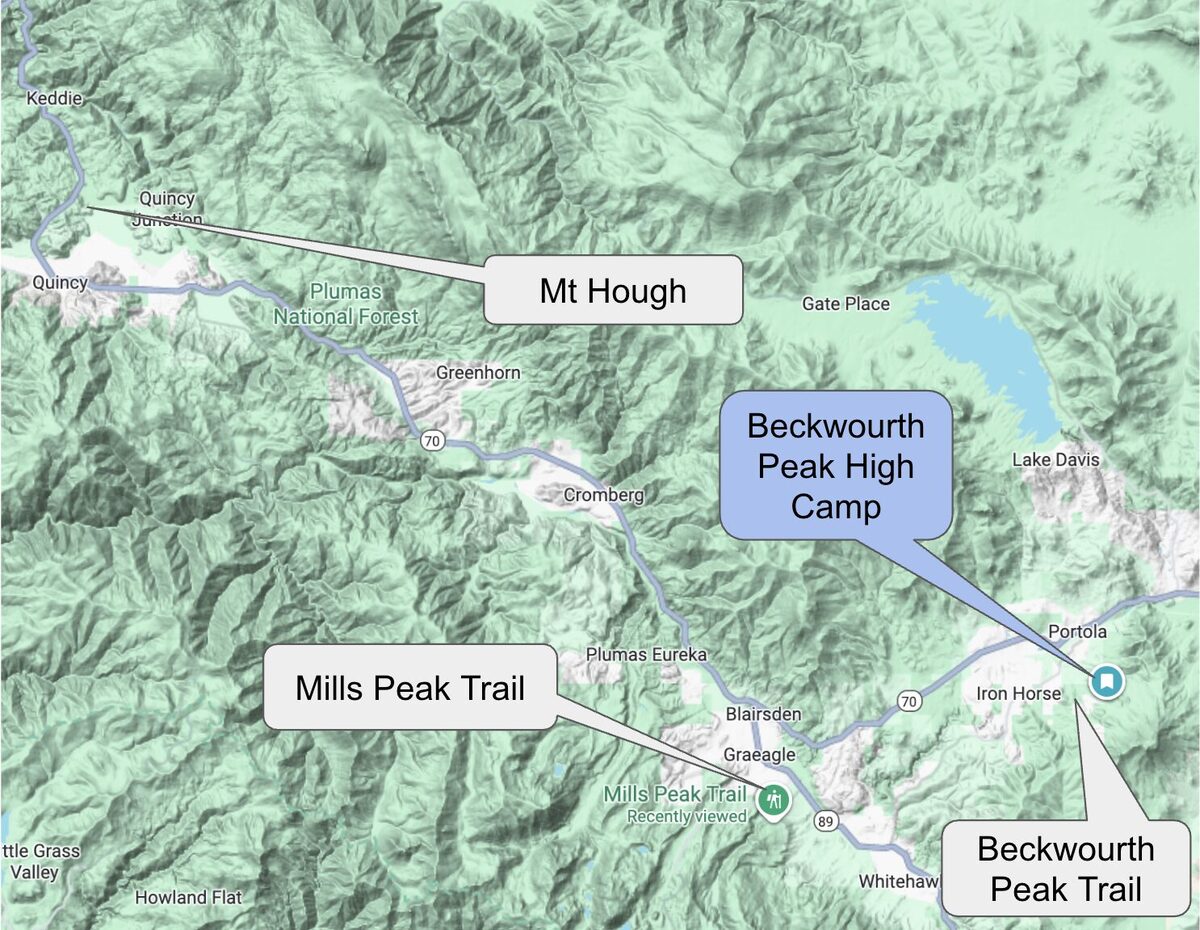 Map showing Beckwourth Peak Trail, Mills Peak, and Mt. Hough in relation to High Camp, Lost Sierra